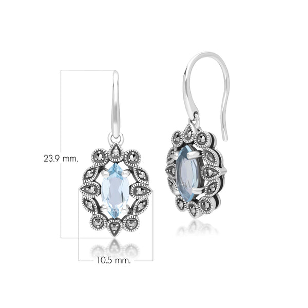 Gemondo Art Deco Style Marquise Blue Topaz & Marcasite Drop Earrings In Sterling Silver