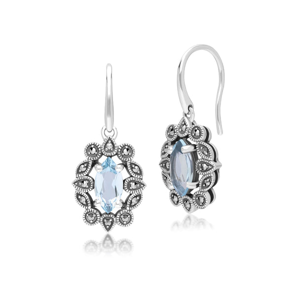 gemondo Art Deco Style Marquise Blue Topaz & Marcasite Drop Earrings in Sterling Silver