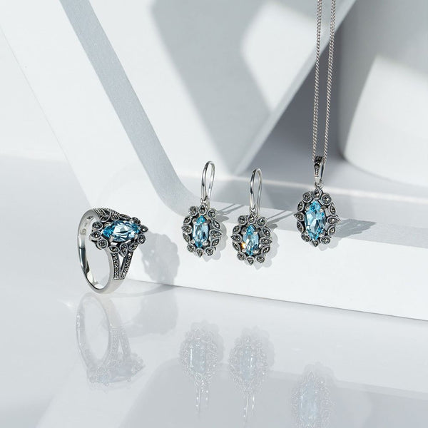 Gemondo Art Deco Style Marquise Blue Topaz & Marcasite Pendant Necklace In Sterling Silver