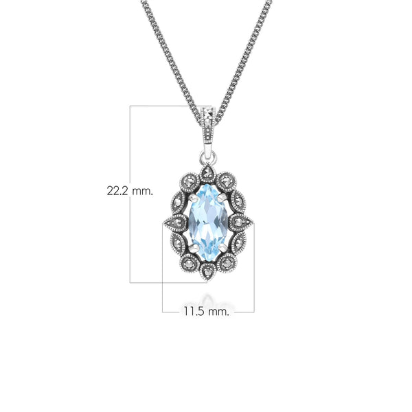 Gemondo Art Deco Style Marquise Blue Topaz & Marcasite Pendant Necklace In Sterling Silver