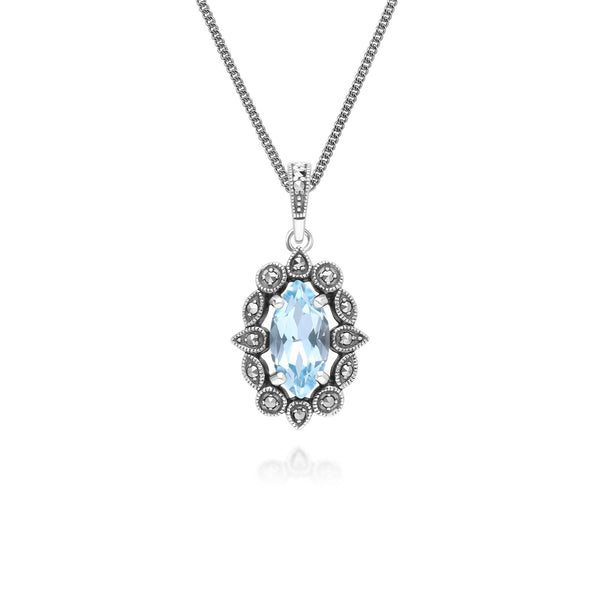 gemondo Art Deco Style Marquise Blue Topaz & Marcasite Pendant Necklace in Sterling Silver