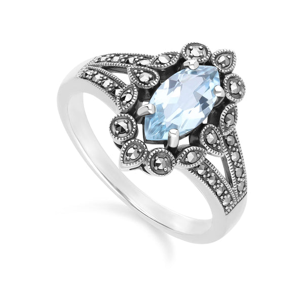 Gemondo Art Deco Style Marquise Blue Topaz & Marcasite Ring In Sterling Silver