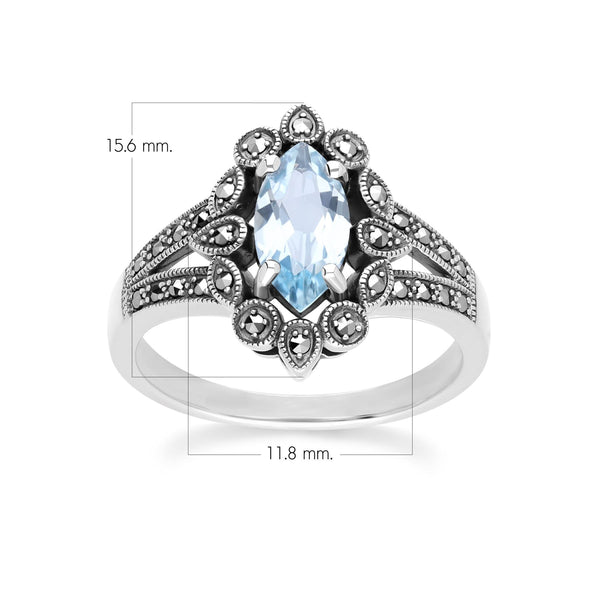 Gemondo Art Deco Style Marquise Blue Topaz & Marcasite Ring In Sterling Silver
