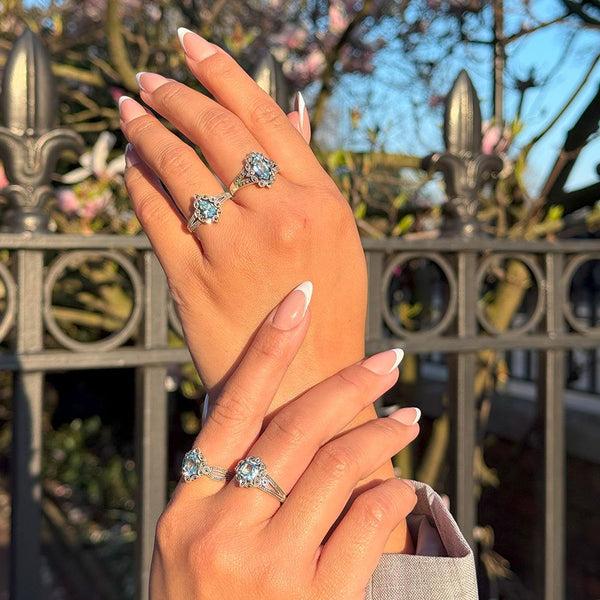 Gemondo Art Deco Style Marquise Blue Topaz & Marcasite Ring In Sterling Silver