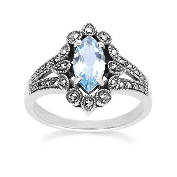 gemondo Art Deco Style Marquise Blue Topaz & Marcasite Ring in Sterling Silver