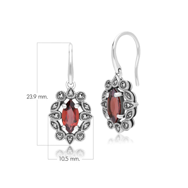 Gemondo Art Deco Style Marquise Garnet & Marcasite Drop Earrings In Sterling Silver