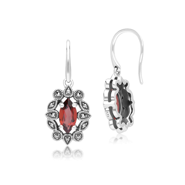 Gemondo Art Deco Style Marquise Garnet & Marcasite Drop Earrings In Sterling Silver