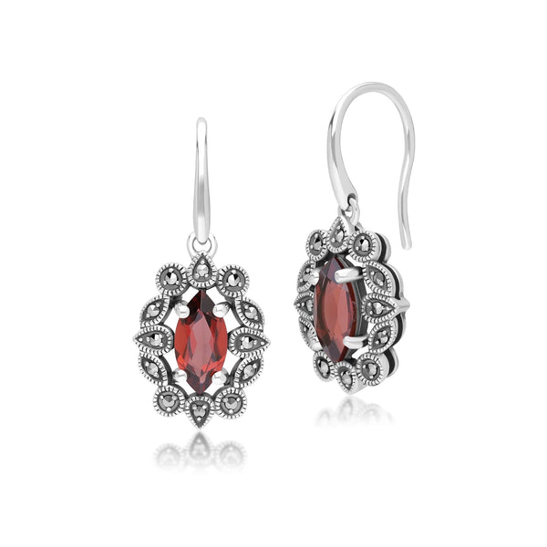gemondo Art Deco Style Marquise Garnet & Marcasite Drop Earrings in Sterling Silver
