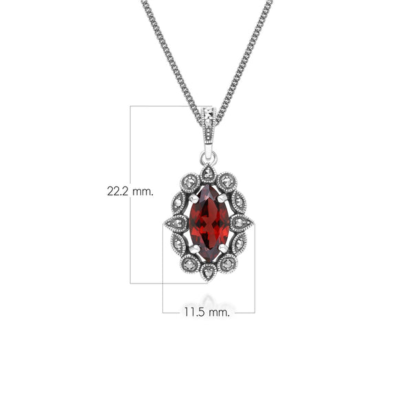 Gemondo Art Deco Style Marquise Garnet & Marcasite Pendant Necklace In Sterling Silver