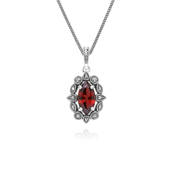 gemondo Art Deco Style Marquise Garnet & Marcasite Pendant Necklace in Sterling Silver