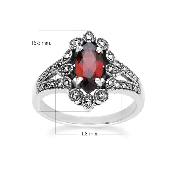 Gemondo Art Deco Style Marquise Garnet & Marcasite Ring In Sterling Silver