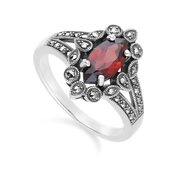 Gemondo Art Deco Style Marquise Garnet & Marcasite Ring In Sterling Silver