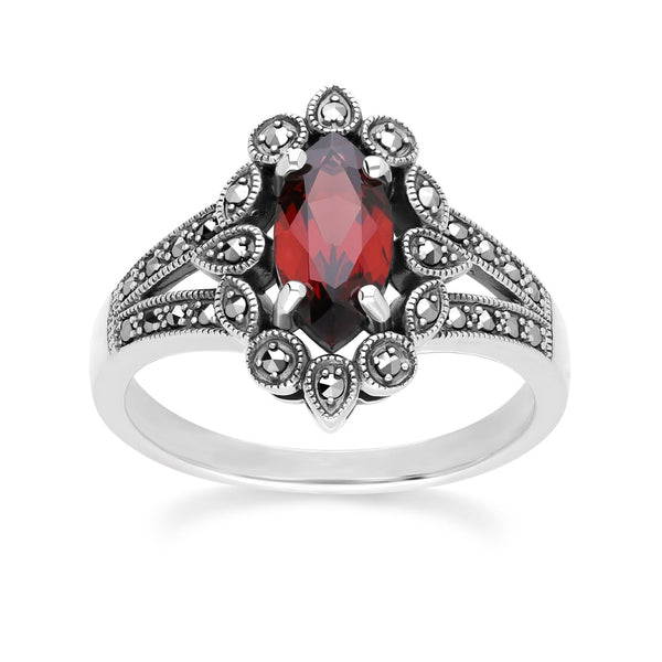 gemondo Art Deco Style Marquise Garnet & Marcasite Ring in Sterling Silver