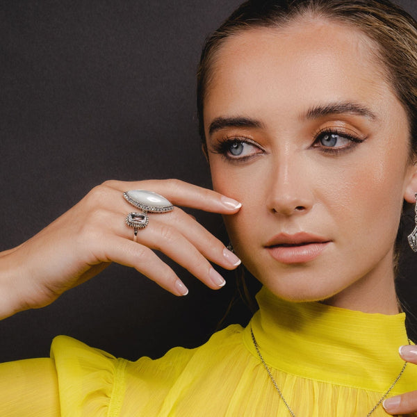 Gemondo Art Deco Style Marquise Mother Of Pearl & Marcasite Statement Ring In Silver