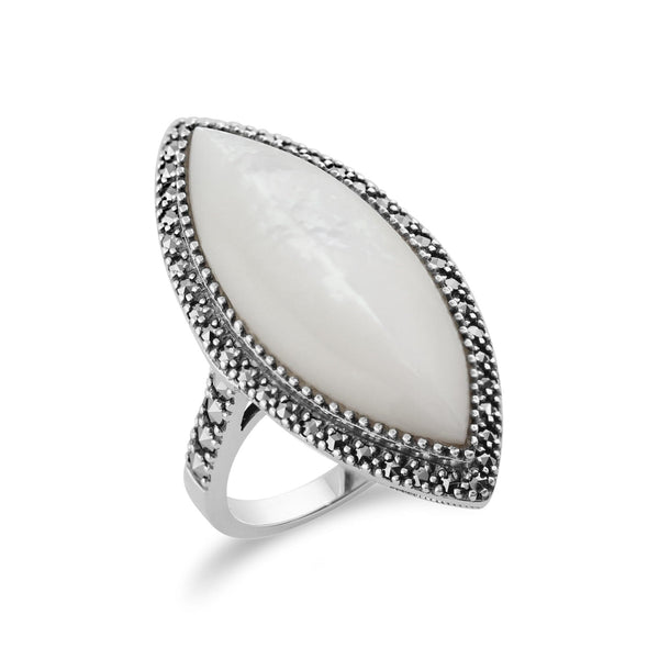 Gemondo Art Deco Style Marquise Mother Of Pearl & Marcasite Statement Ring In Silver