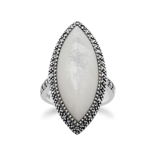 gemondo Art Deco Style Marquise Mother of Pearl & Marcasite Statement Ring in Silver