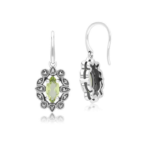 Gemondo Art Deco Style Marquise Peridot & Marcasite Drop Earrings In Sterling Silver