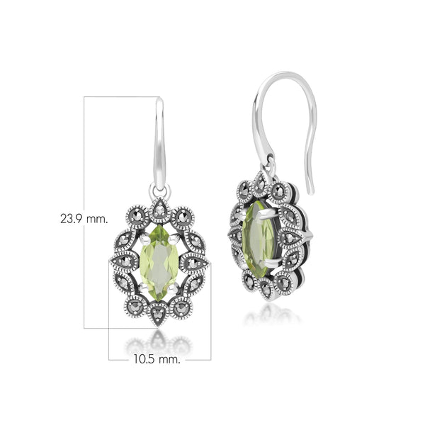 Gemondo Art Deco Style Marquise Peridot & Marcasite Drop Earrings In Sterling Silver