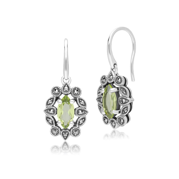 gemondo Art Deco Style Marquise Peridot & Marcasite Drop Earrings in Sterling Silver