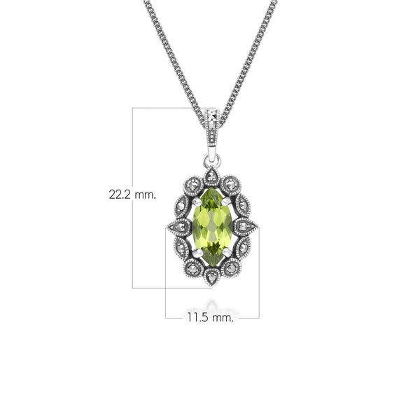 Gemondo Art Deco Style Marquise Peridot & Marcasite Pendant Necklace In Sterling Silver