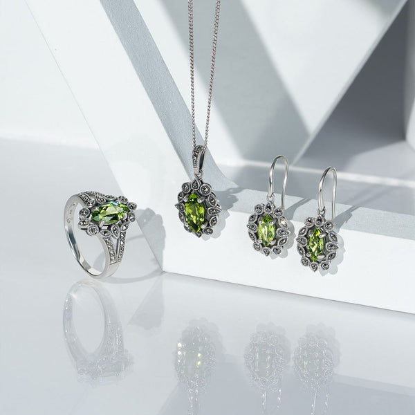 Gemondo Art Deco Style Marquise Peridot & Marcasite Pendant Necklace In Sterling Silver