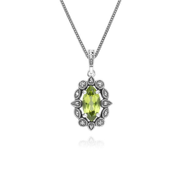gemondo Art Deco Style Marquise Peridot & Marcasite Pendant Necklace in Sterling Silver