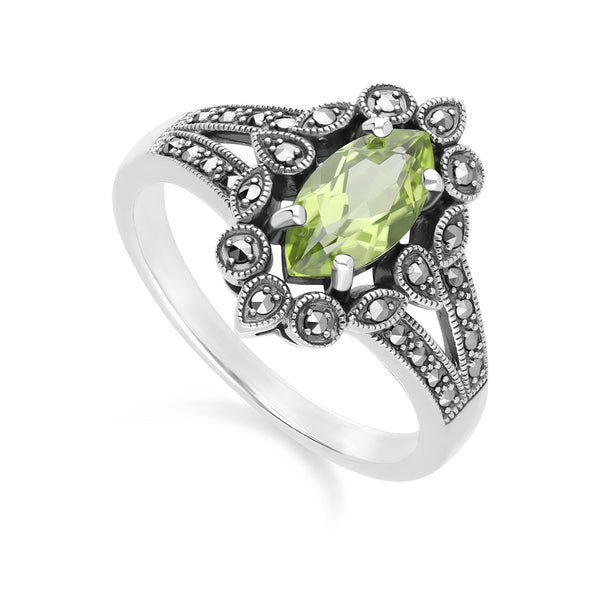 Gemondo Art Deco Style Marquise Peridot & Marcasite Ring In Sterling Silver