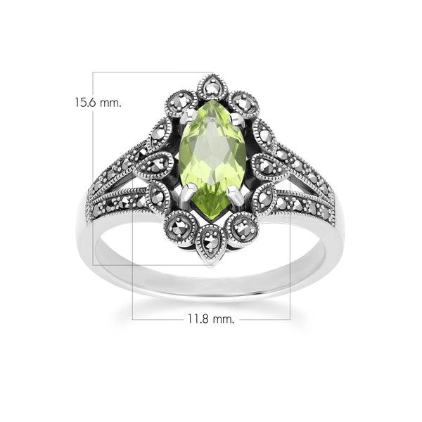 Gemondo Art Deco Style Marquise Peridot & Marcasite Ring In Sterling Silver