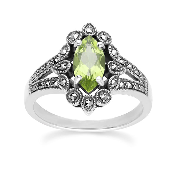 gemondo Art Deco Style Marquise Peridot & Marcasite Ring in Sterling Silver