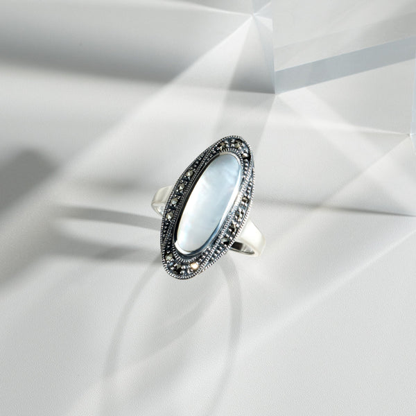 Gemondo Art Deco Style Mother Of Pearl Cabochon & Marcasite Ring In 925 Sterling Silver