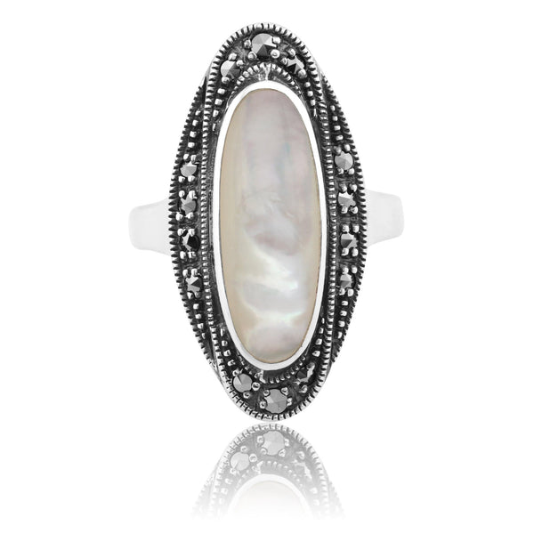 Gemondo Art Deco Style Mother Of Pearl Cabochon & Marcasite Ring In 925 Sterling Silver