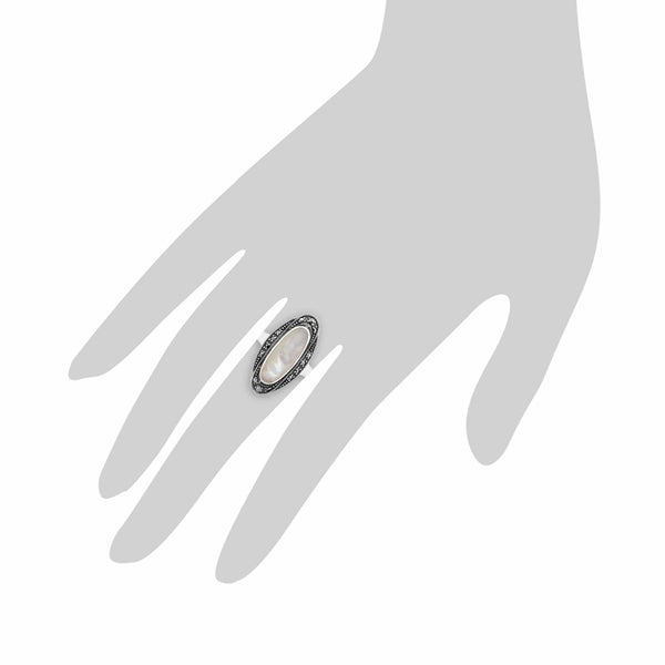 Gemondo Art Deco Style Mother Of Pearl Cabochon & Marcasite Ring In 925 Sterling Silver