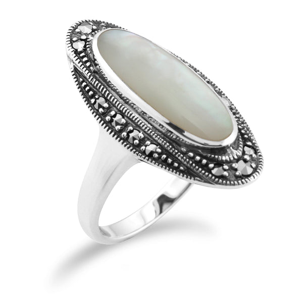gemondo Art Deco Style Mother of Pearl Cabochon & Marcasite Ring in 925 Sterling Silver