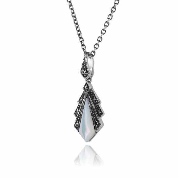 Gemondo Art Deco Style Mother Of Pearl & Marcasite Pendant In 925 Sterling Silver
