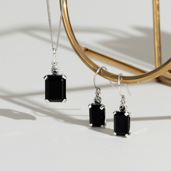 Gemondo Art Deco Style Octagon Black Onyx & Marcasite Drop Earrings In 925 Sterling Silver
