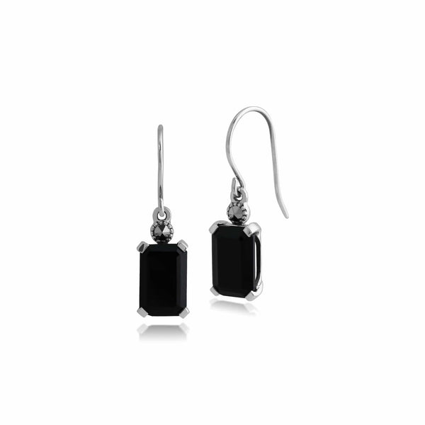 gemondo Art Deco Style Octagon Black Onyx & Marcasite Drop Earrings in 925 Sterling Silver