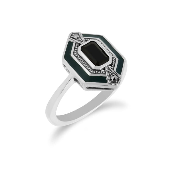 Gemondo Art Deco Style Octagon Black Onyx Marcasite & Green Enamel Hexagon Ring In 925 Sterling Silver