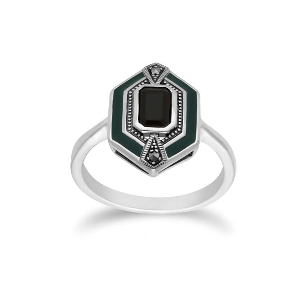 gemondo Art Deco Style Octagon Black Onyx Marcasite & Green Enamel hexagon Ring in 925 Sterling Silver