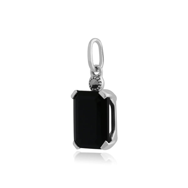 Gemondo Art Deco Style Octagon Black Onyx & Marcasite Pendant In 925 Sterling Silver