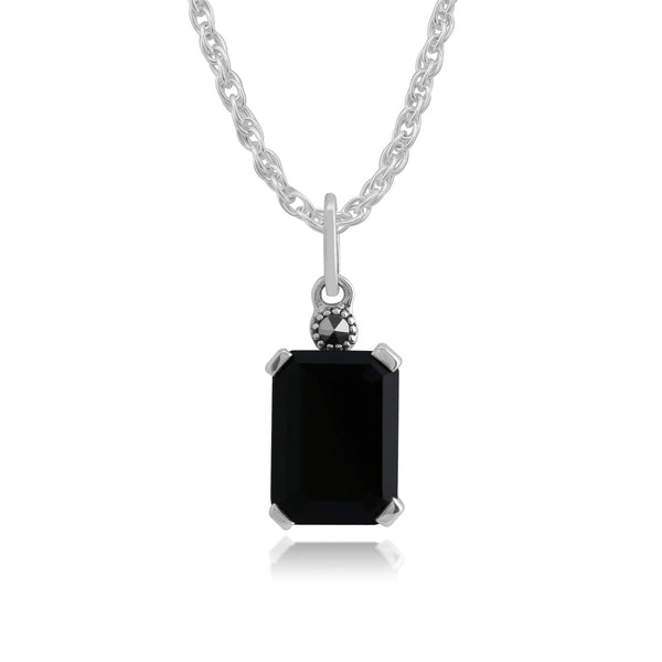 gemondo Art Deco Style Octagon Black Onyx & Marcasite Pendant in 925 Sterling Silver