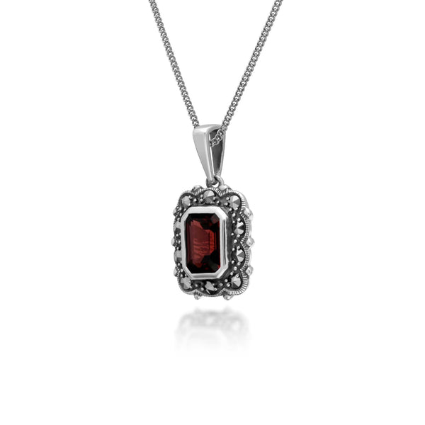 Gemondo Art Deco Style Octagon Garnet & Marcasite Pendant In 925 Sterling Silver