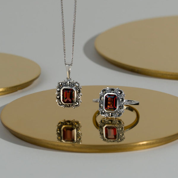 Gemondo Art Deco Style Octagon Garnet & Marcasite Pendant In 925 Sterling Silver