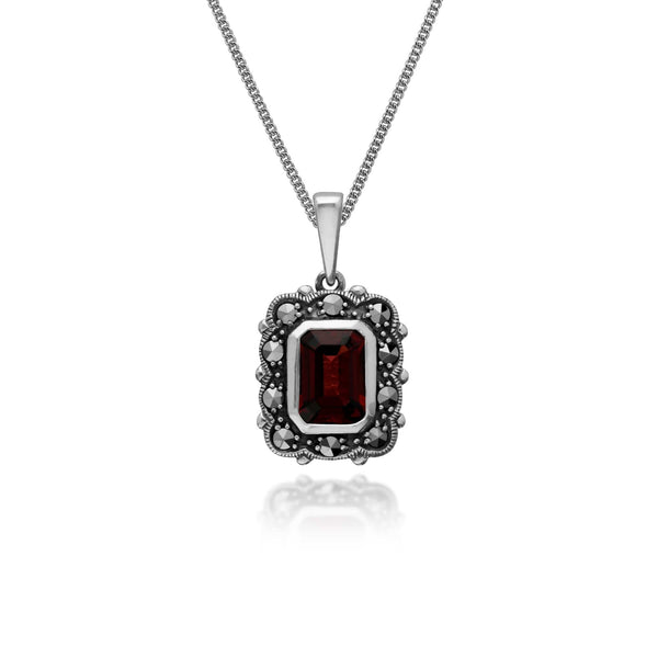 gemondo Art Deco Style Octagon Garnet & Marcasite Pendant in 925 Sterling Silver