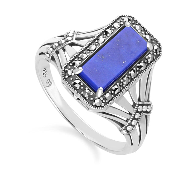 Gemondo Art Deco Style Octagon Lapis Lazuli And Marcasite Ring In Sterling Silver