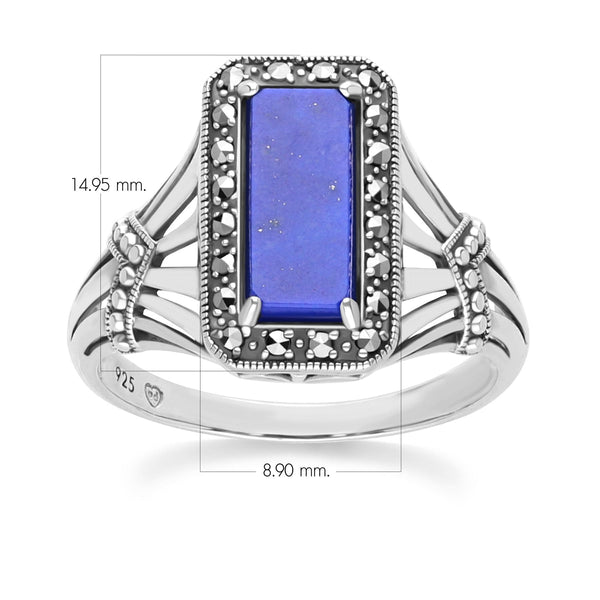 Gemondo Art Deco Style Octagon Lapis Lazuli And Marcasite Ring In Sterling Silver