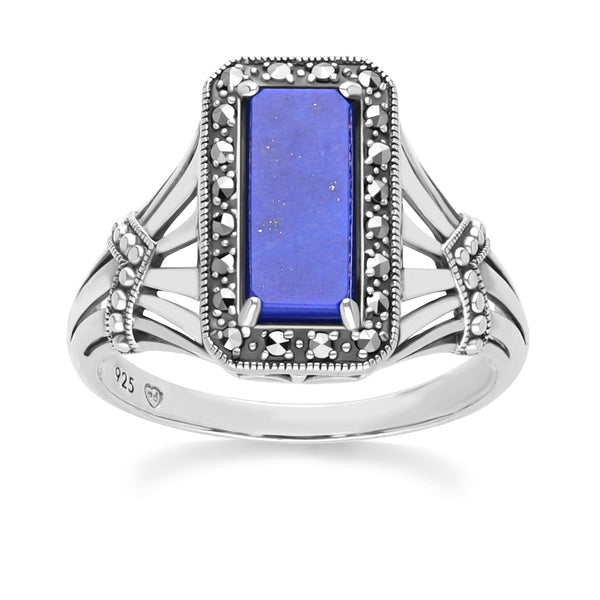 gemondo Art Deco Style Octagon Lapis Lazuli and Marcasite Ring in Sterling Silver
