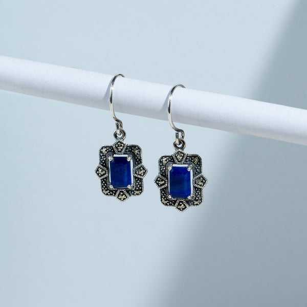 Gemondo Art Deco Style Octagon Lapis Lazuli & Marcasite Drop Earrings In 925 Sterling Silver