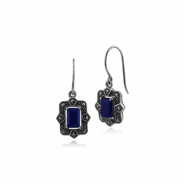 gemondo Art Deco Style Octagon Lapis Lazuli & Marcasite Drop Earrings in 925 Sterling Silver