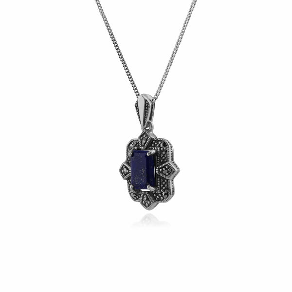Gemondo Art Deco Style Octagon Lapis Lazuli & Marcasite Pendant In 925 Sterling Silver