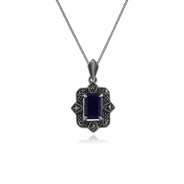 gemondo Art Deco Style Octagon Lapis Lazuli & Marcasite Pendant in 925 Sterling Silver